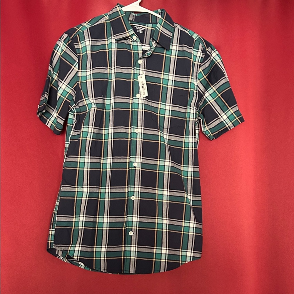Men's Plaid Shirt - Navy Blue and Green